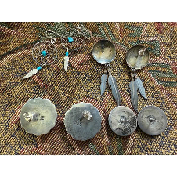 Handcrafted Sterling Silver Earrings Set Of 4 Native American & Mexico Signed Fe - Picture 2 of 4